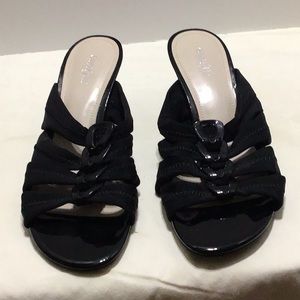 Black slip on heeled sandals